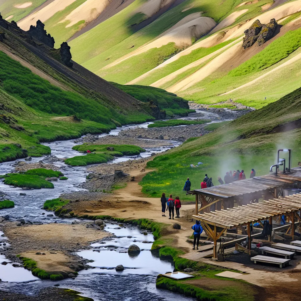 Der heiße Fluss im Reykjadalur-Tal mit dampfendem Wasser zwischen grünen Hügeln