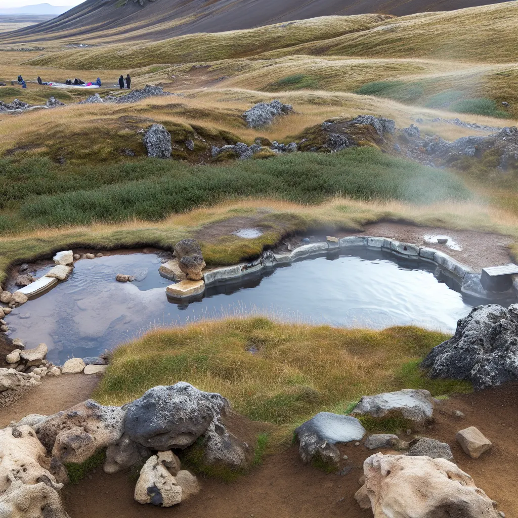 Natürlicher Hot Pot inmitten der isländischen Landschaft mit dampfendem Wasser