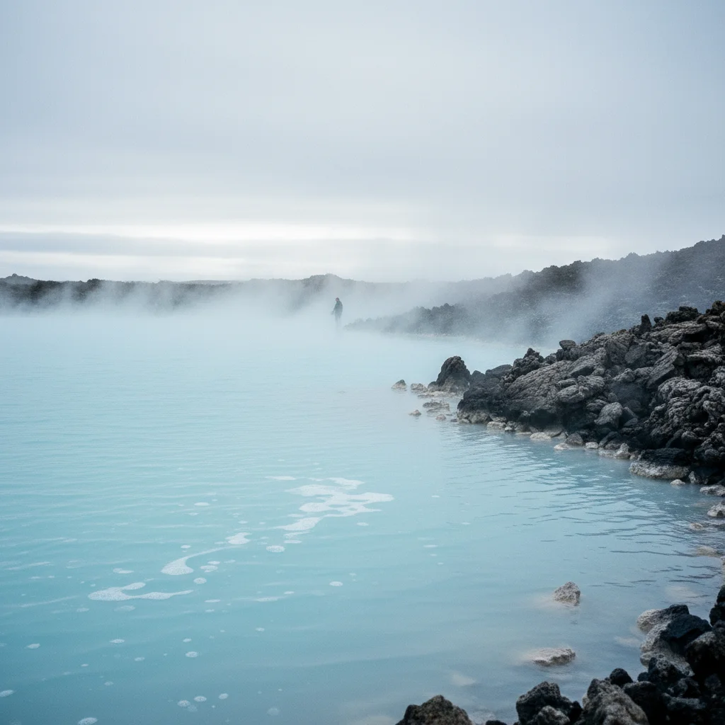 Milchig-blaues Wasser der Blauen Lagune auf Island mit Dampfschwaden und Lavaformationen am Rand