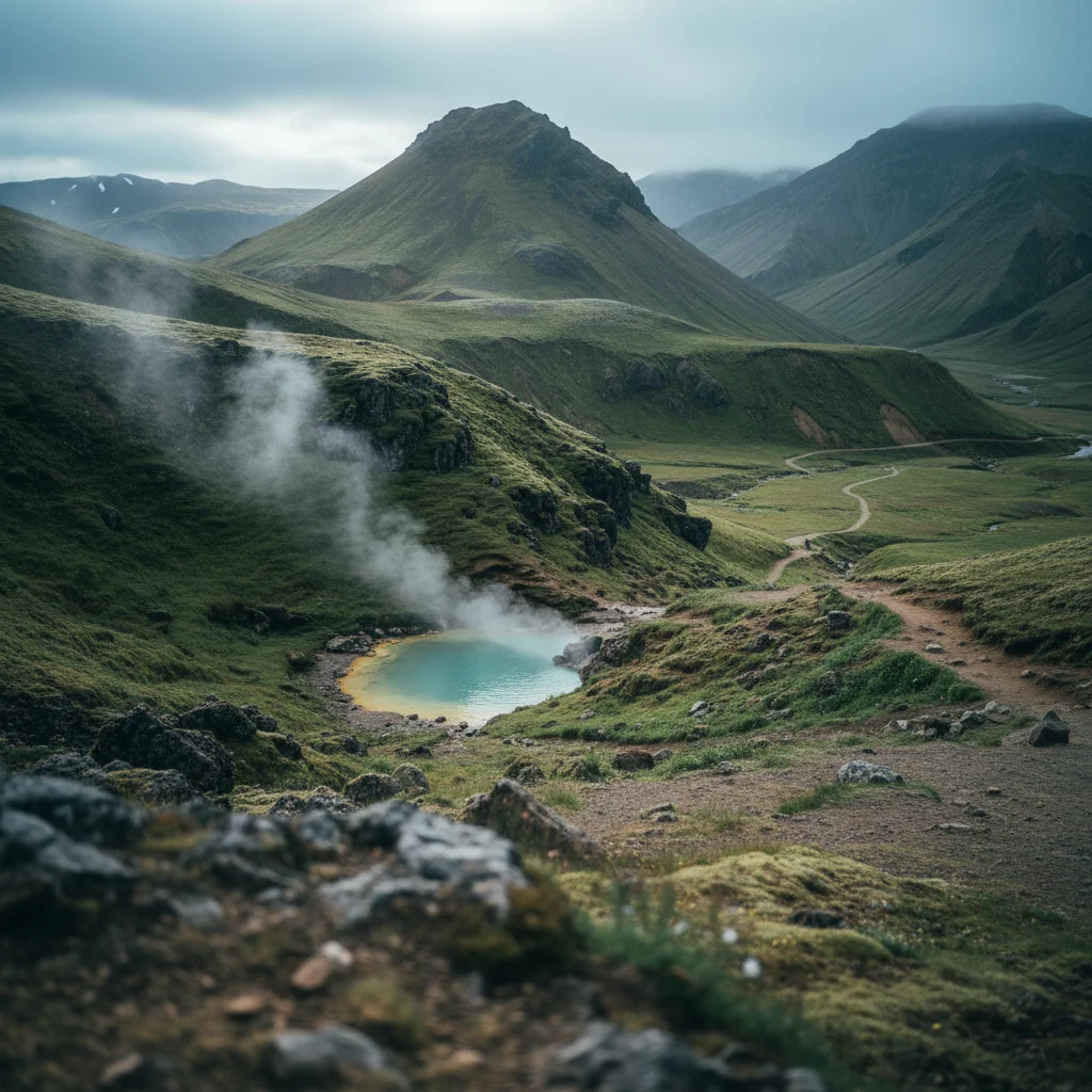 Kleiner natürlicher Hot Pot in einer grünen isländischen Berglandschaft mit Dampf über dem Wasser