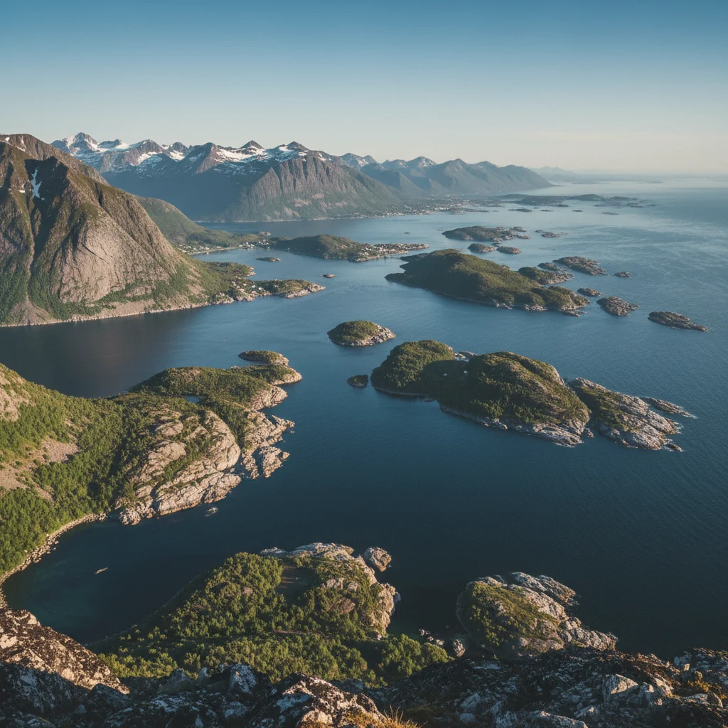 Panoramablick über die Helgelandsküste mit Inseln und Bergen