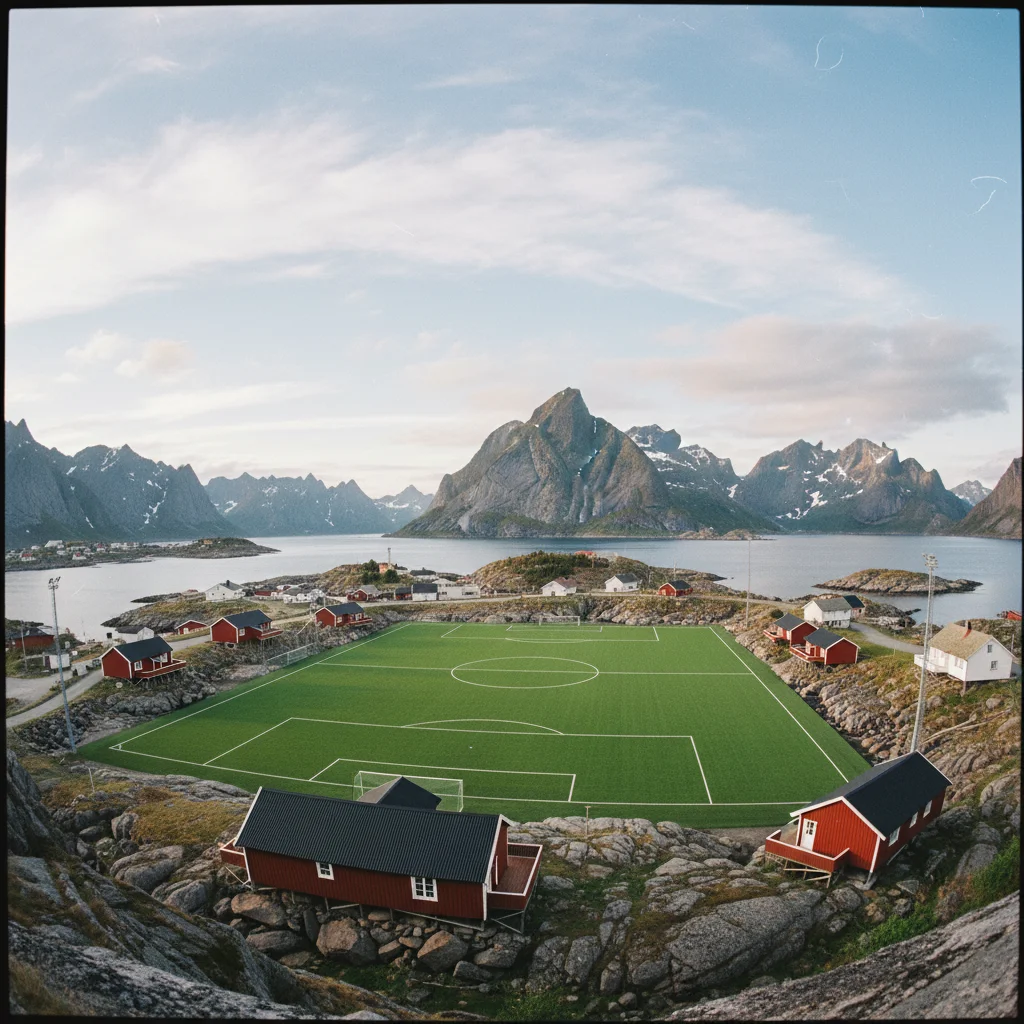 Der berühmte Fußballplatz von Henningsvær auf einer Felsinsel umgeben von Meer