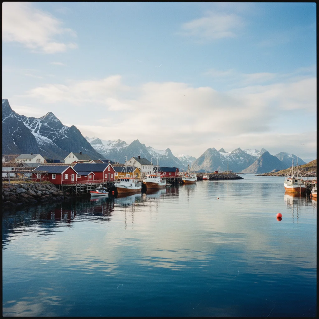 Der Hafen von Henningsvær mit bunten Häusern und Fischerbooten