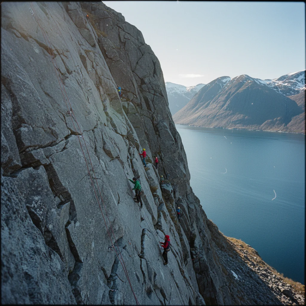 Kletterer an einer Granitwand bei Henningsvær mit Meerblick