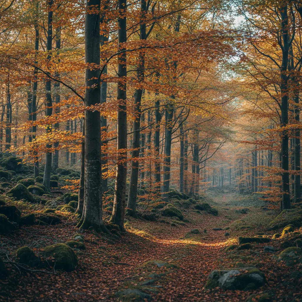 Bunter Herbstwald in Dänemark mit goldenen Buchen