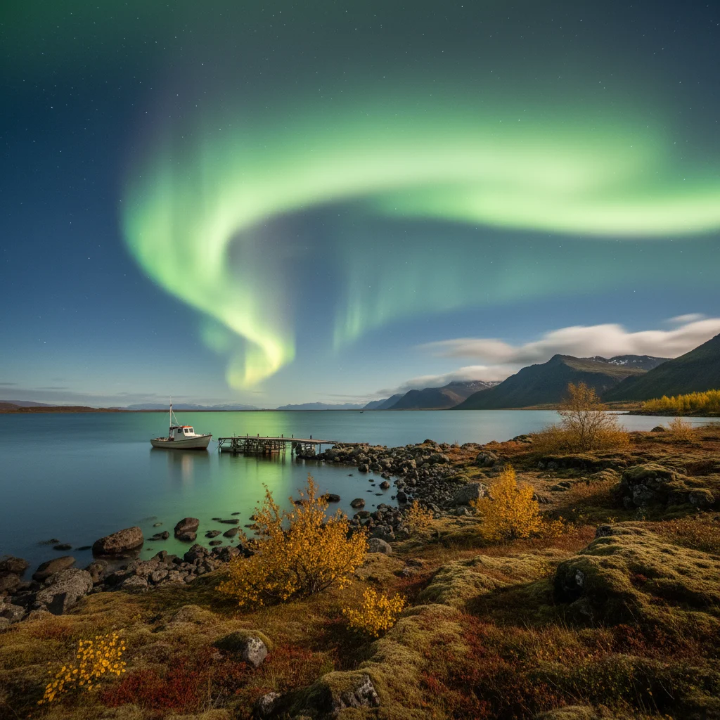 Grüne Nordlichter über einem herbstlichen isländischen See mit Spiegelung im Wasser