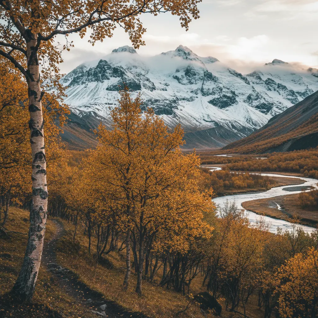 Das Þórsmörk-Tal im Herbst mit goldgelben Birken vor schneebedeckten Bergen