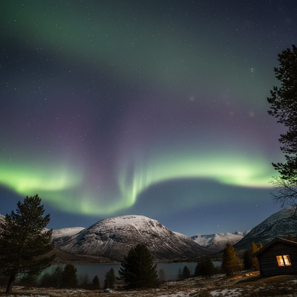 Nordlicht über herbstlichen Bergen in Norwegen