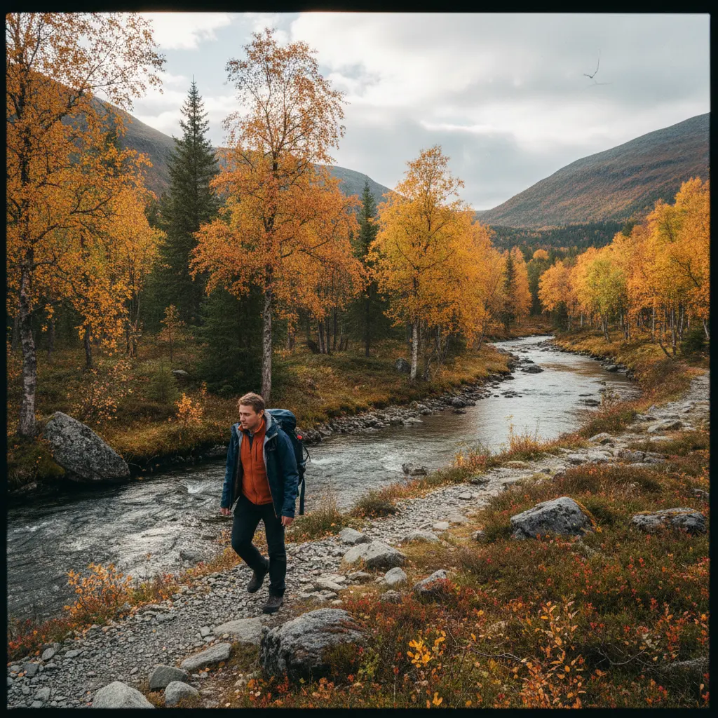 Wanderer auf herbstlichem Bergpfad in Norwegen