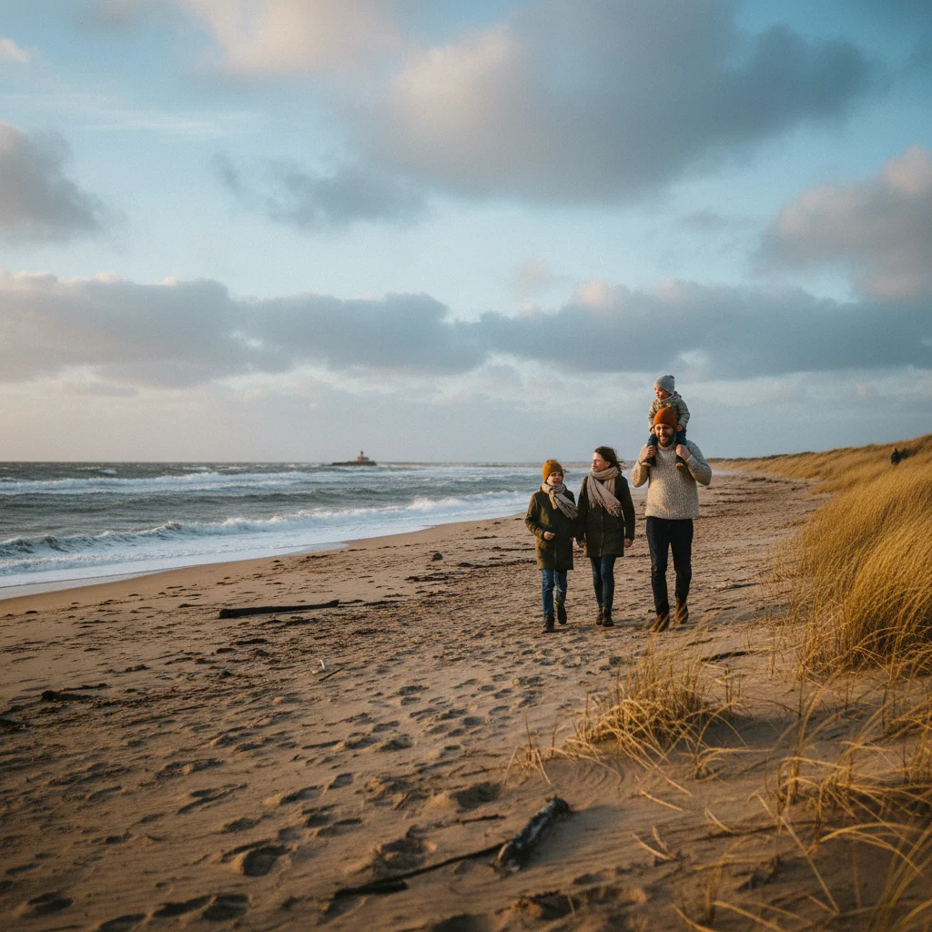 Familie am dänischen Strand in den Herbstferien