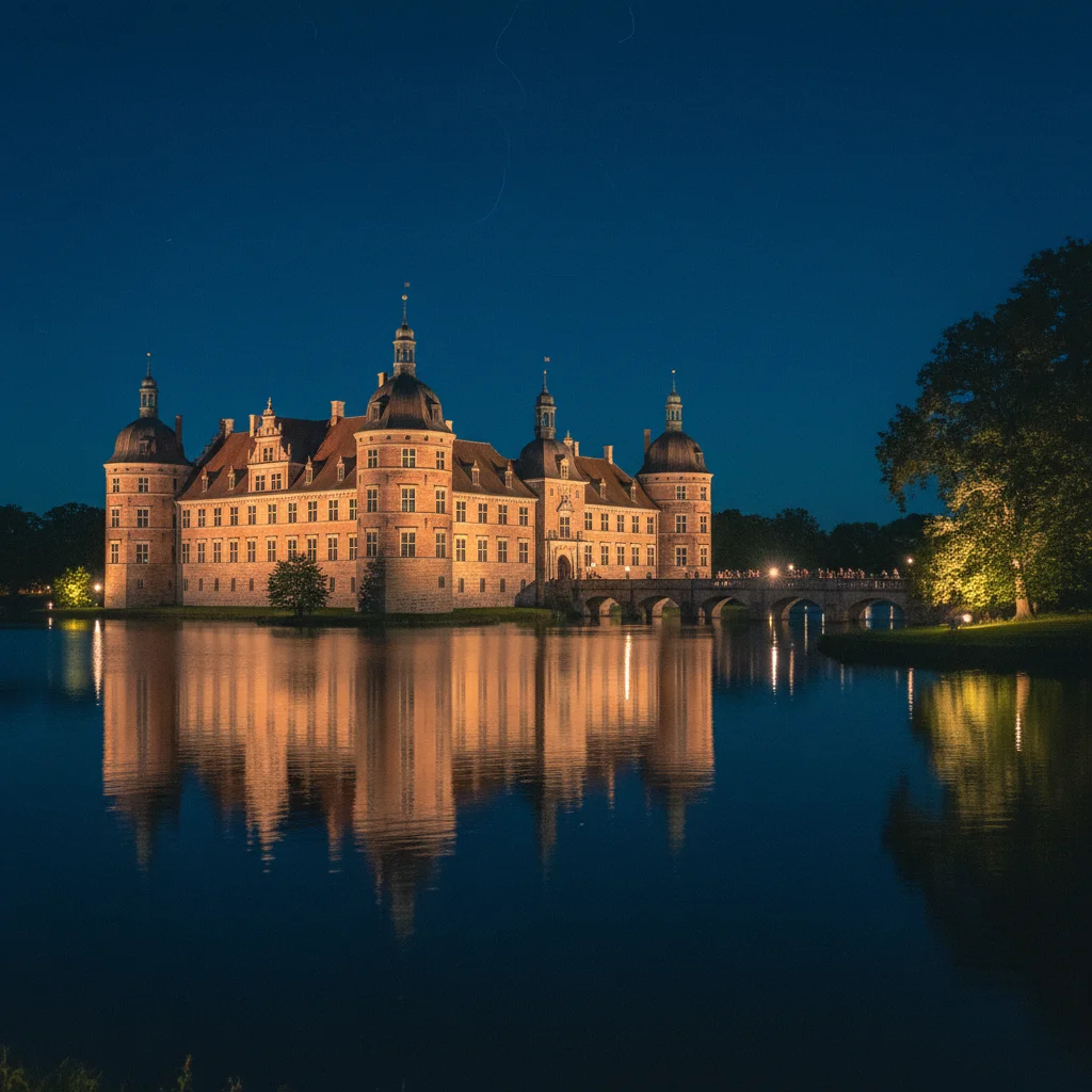 Schloss Frederiksborg bei Nacht beleuchtet