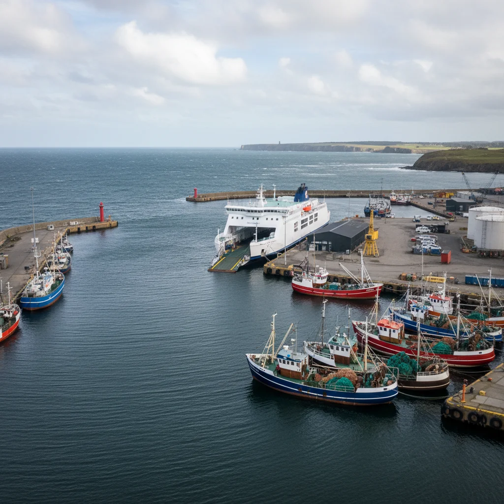 Der Fährhafen von Hirtshals mit Fährschiffen am Kai