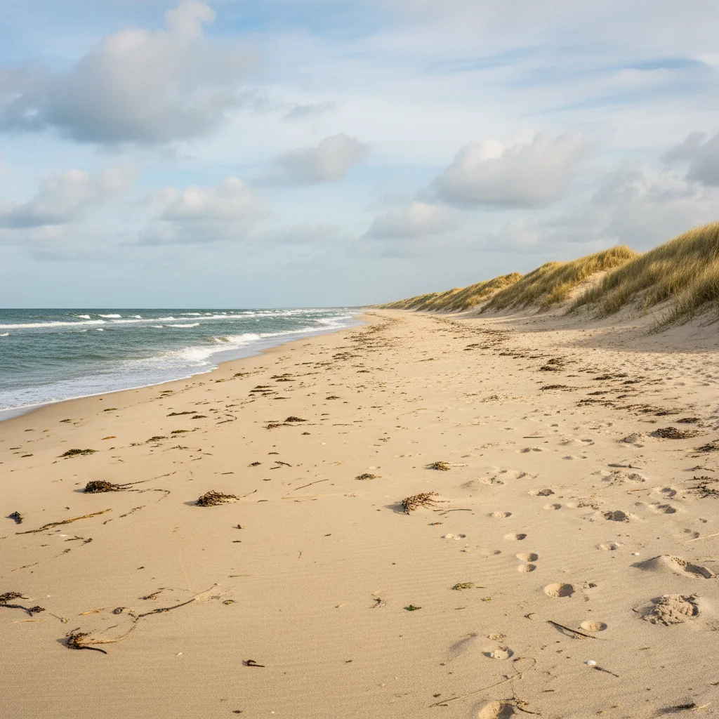 Breiter Nordseestrand bei Hirtshals mit Dünen im Hintergrund