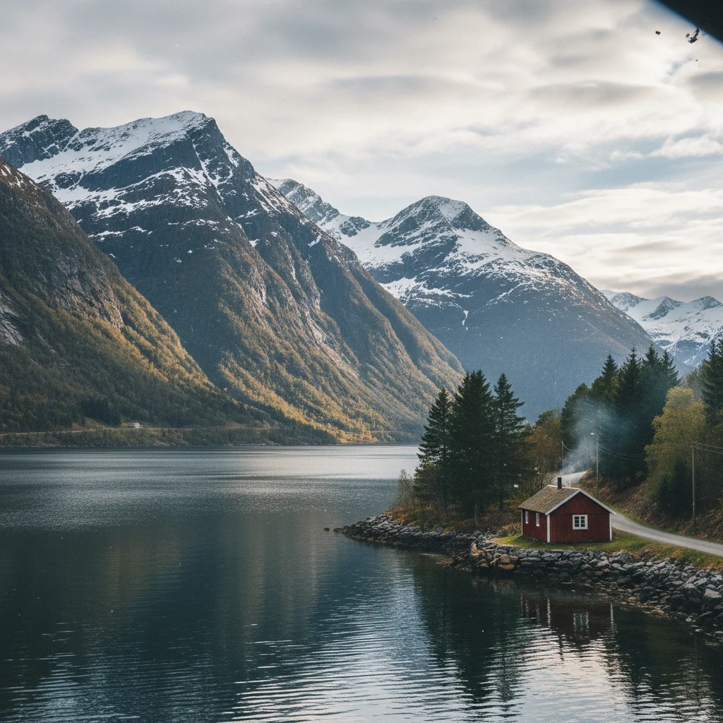 Das Dorf Urke am Hjørundfjord mit Bergen im Hintergrund