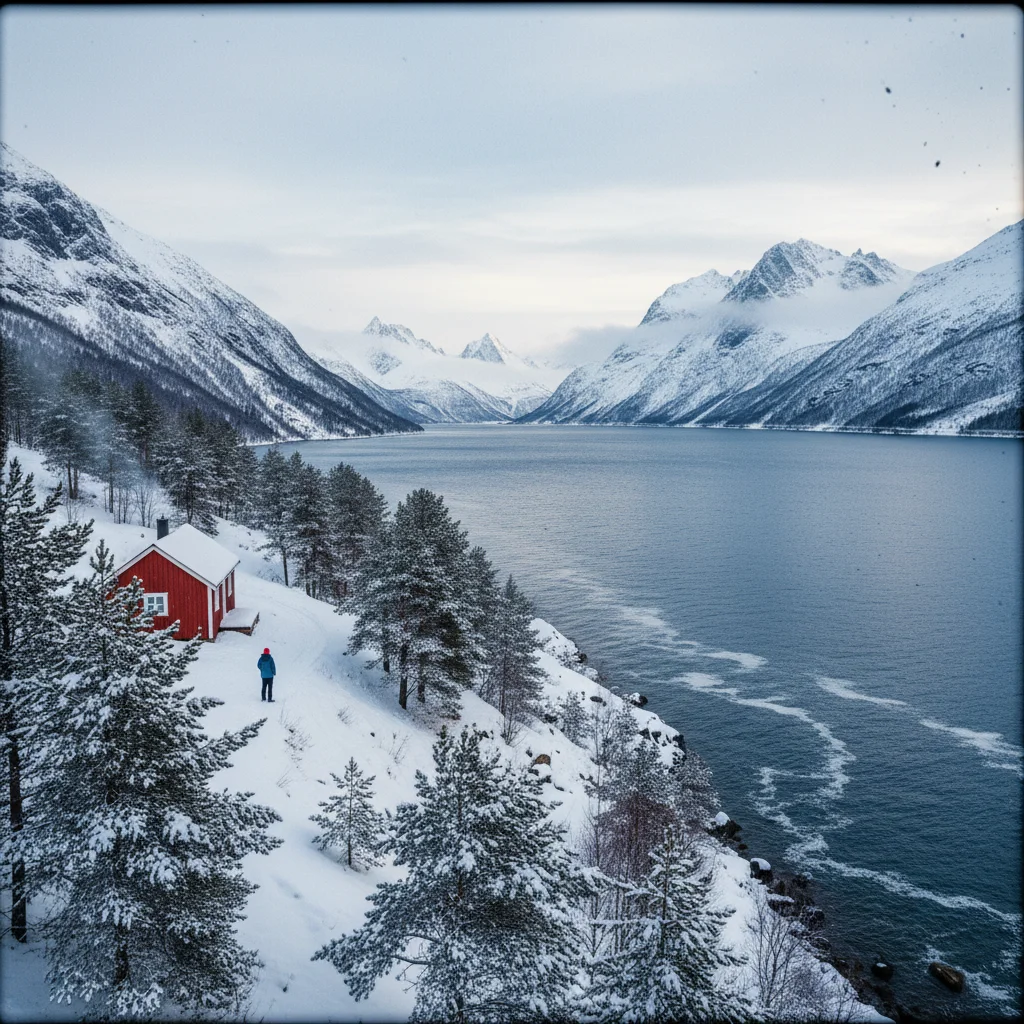 Hjørundfjord im Winter mit schneebedeckten Bergen und dunklem Wasser