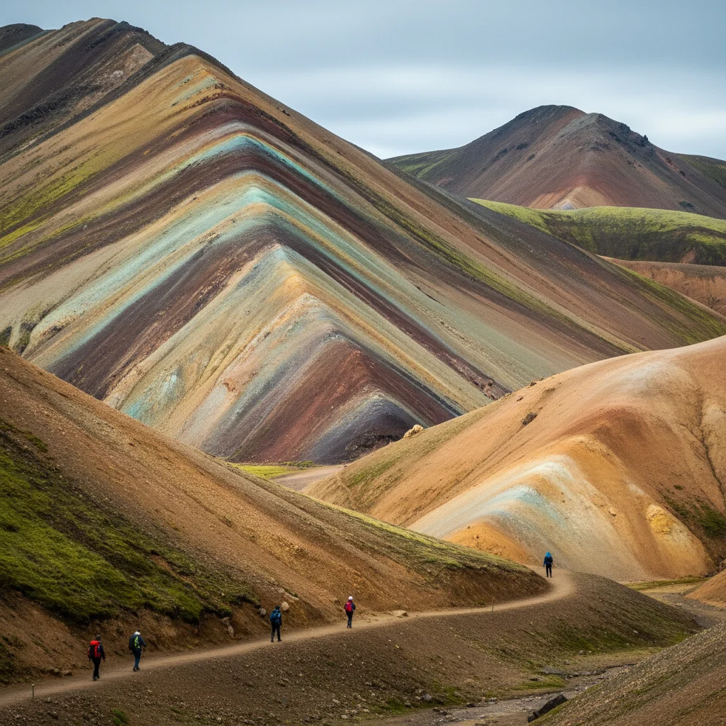 Bunte Rhyolithberge bei Landmannalaugar mit Wanderern auf dem Pfad