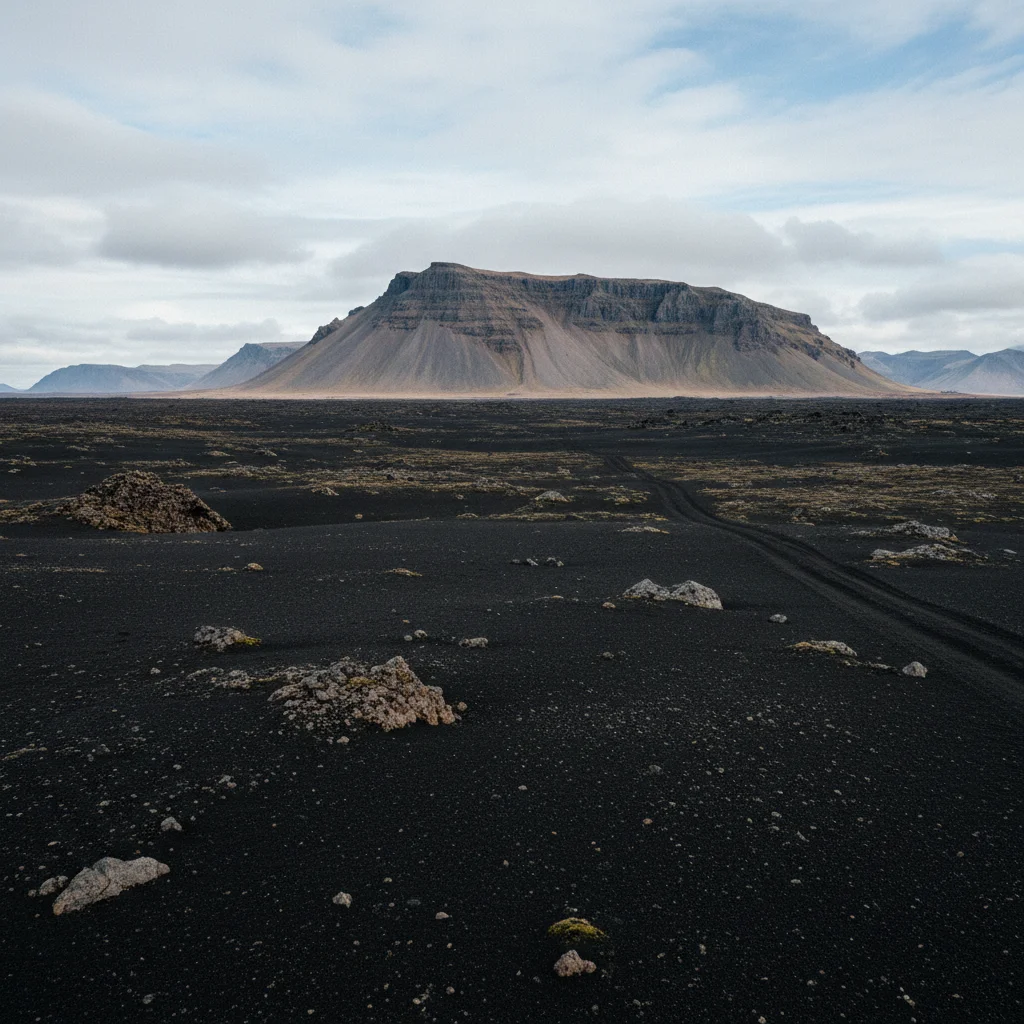 Weite Hochlandebene in Island mit schwarzem Lavasand und einem Tafelberg am Horizont