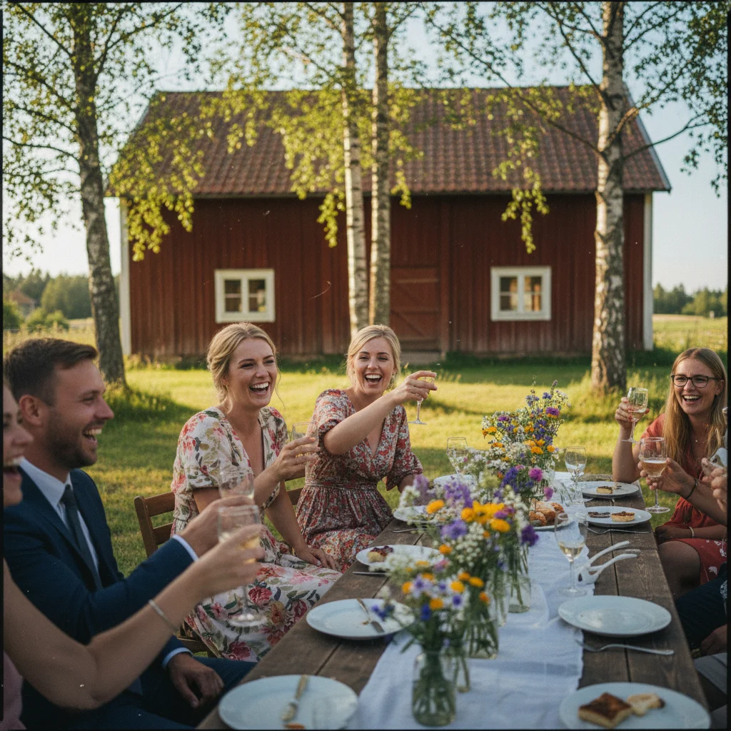Festlich geschmückte Hochzeitstafel in norwegischem Ambiente
