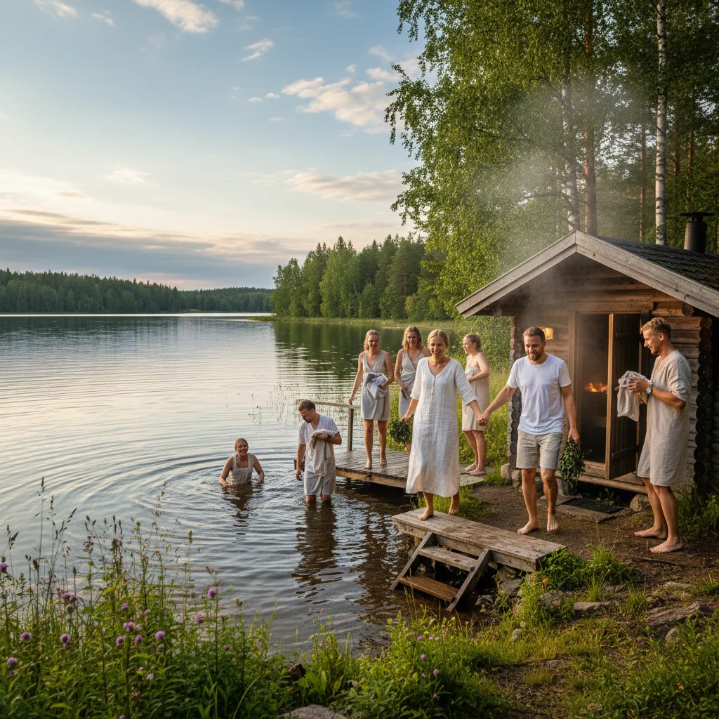 Finnische Sauna am See, geschmückt für eine Hochzeit