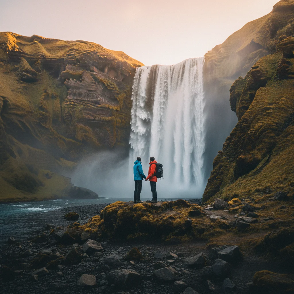 Paar steht vor einem isländischen Wasserfall in der Abendsonne