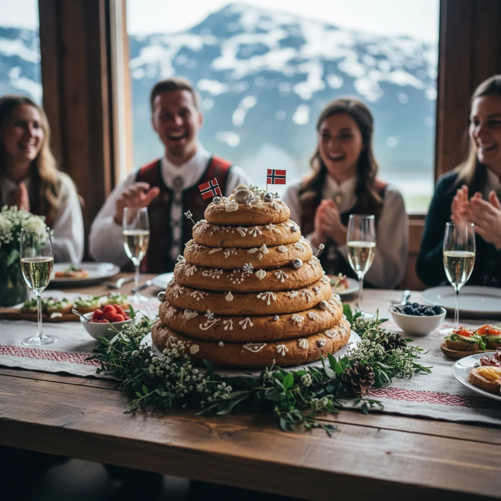 Norwegischer Kransekake auf einer Hochzeitstafel