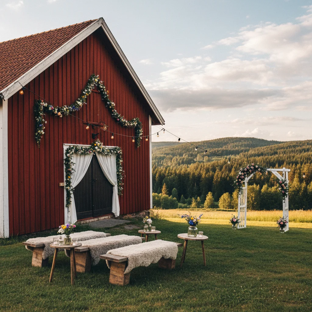 Geschmückte rote Holzscheune in Schweden für eine Hochzeitsfeier