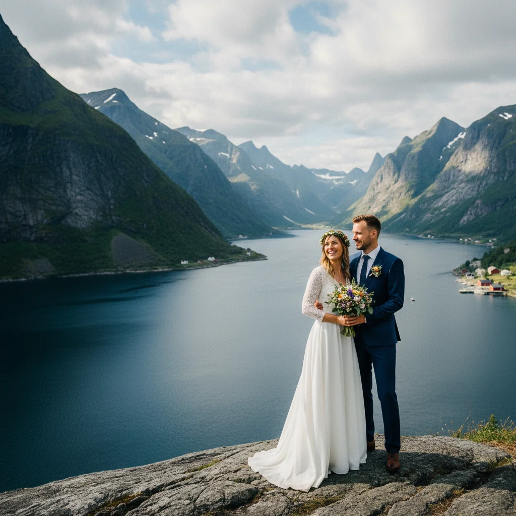 Hochzeitspaar vor einem norwegischen Fjord