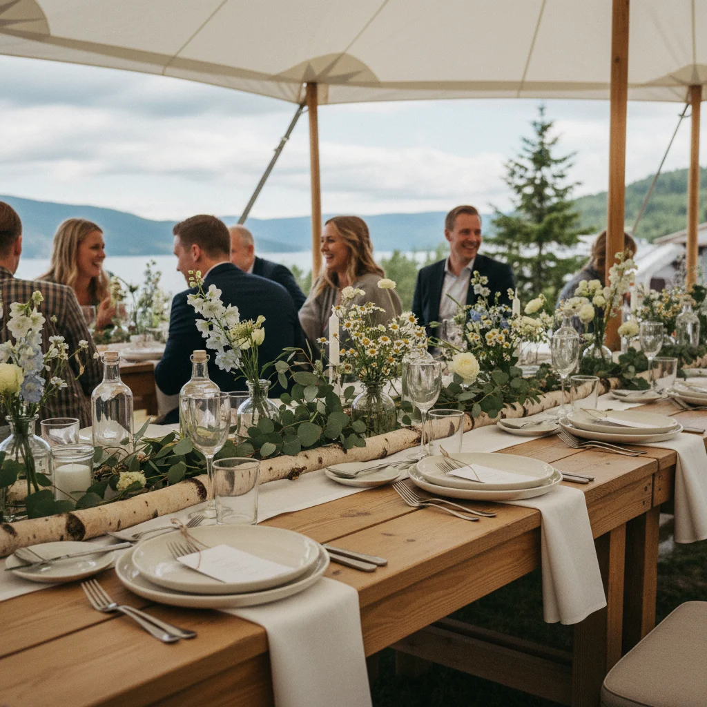 Festlich gedeckte Hochzeitstafel im skandinavischen Stil