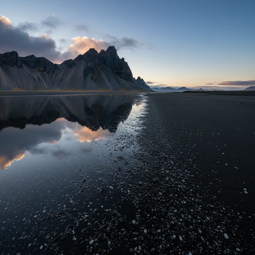 Das Vestrahorn bei Stokksnes spiegelt sich im schwarzen Sand