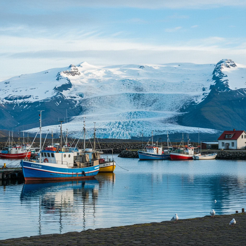 Der Hafen von Höfn mit Fischerbooten und Blick auf den Vatnajökull-Gletscher im Hintergrund