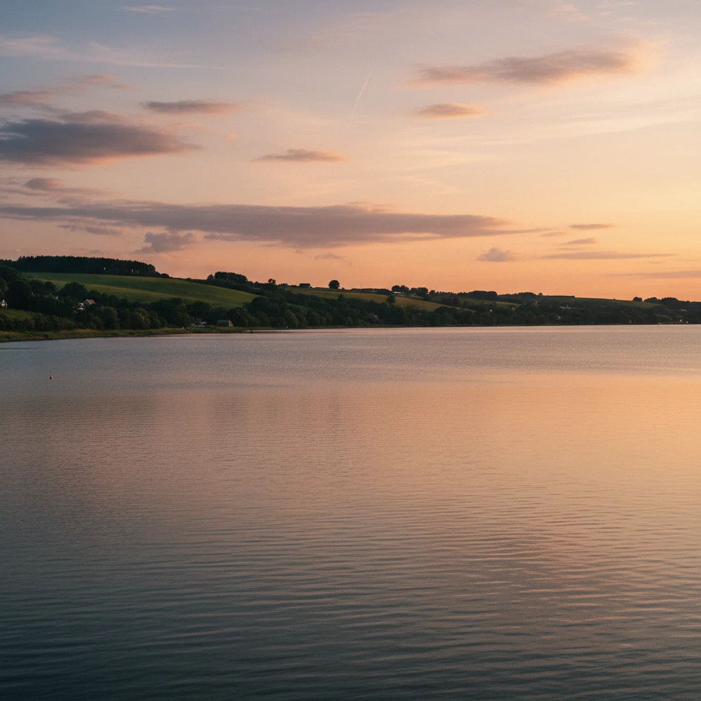 Der Isefjord bei Holbæk im Abendlicht mit ruhigem Wasser und Hügeln