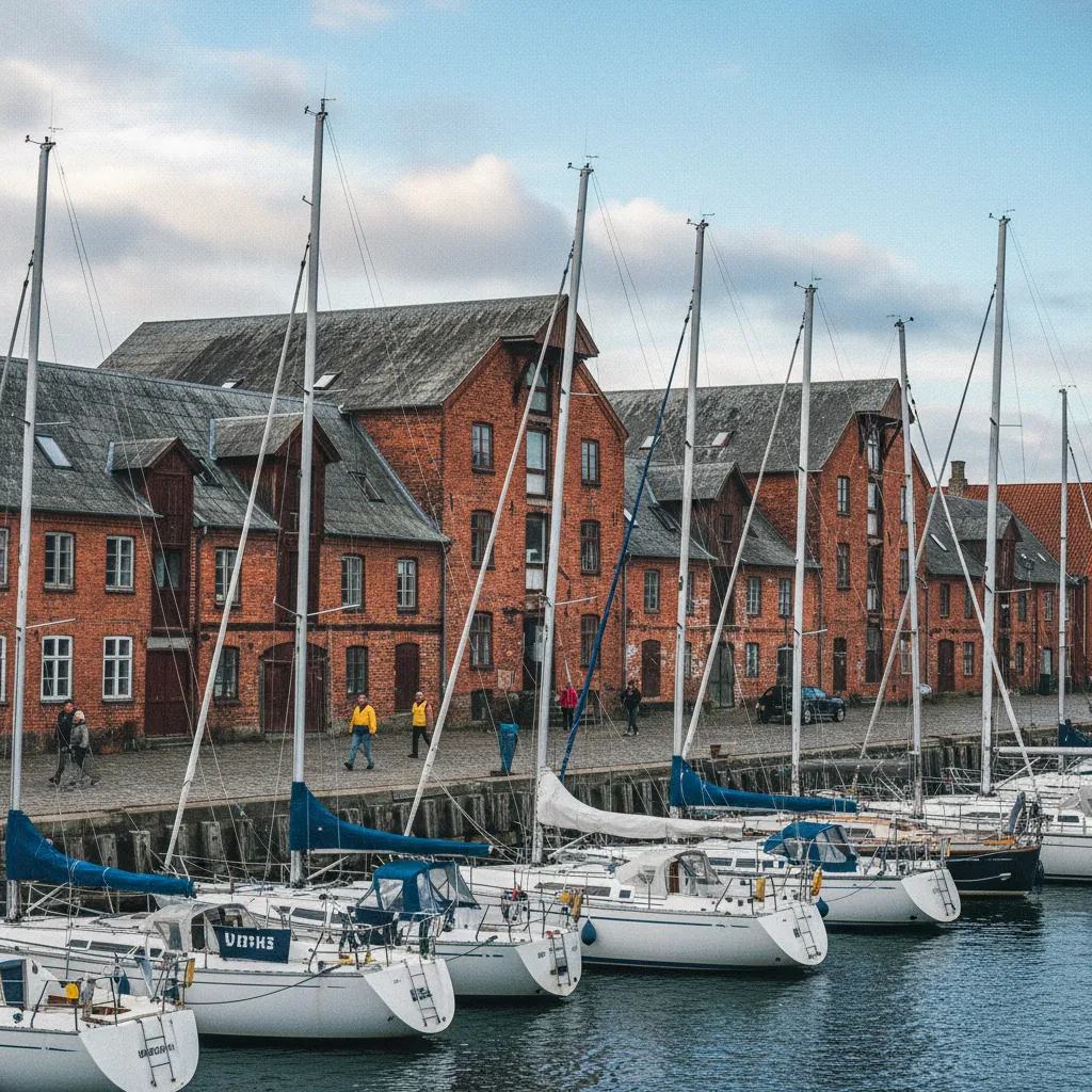 Der Hafen von Holbæk am Isefjord mit Segelbooten und Lagerhäusern