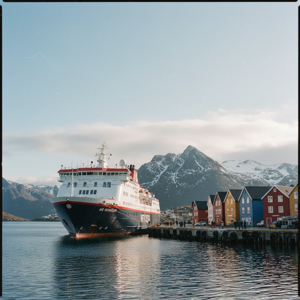 Ein Hurtigruten-Schiff im Hafen von Honningsvåg
