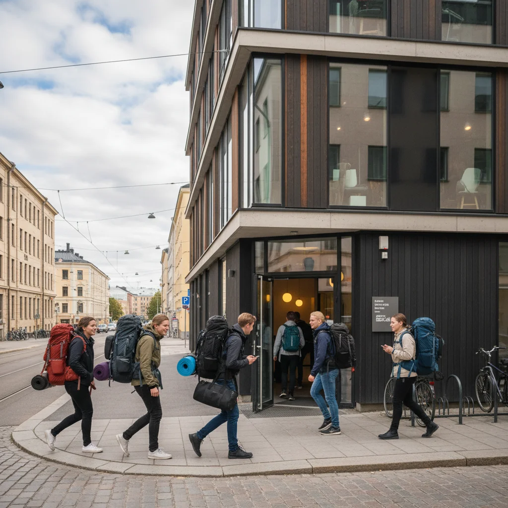 Modernes Hostel in Helsinki mit hellem Aufenthaltsbereich