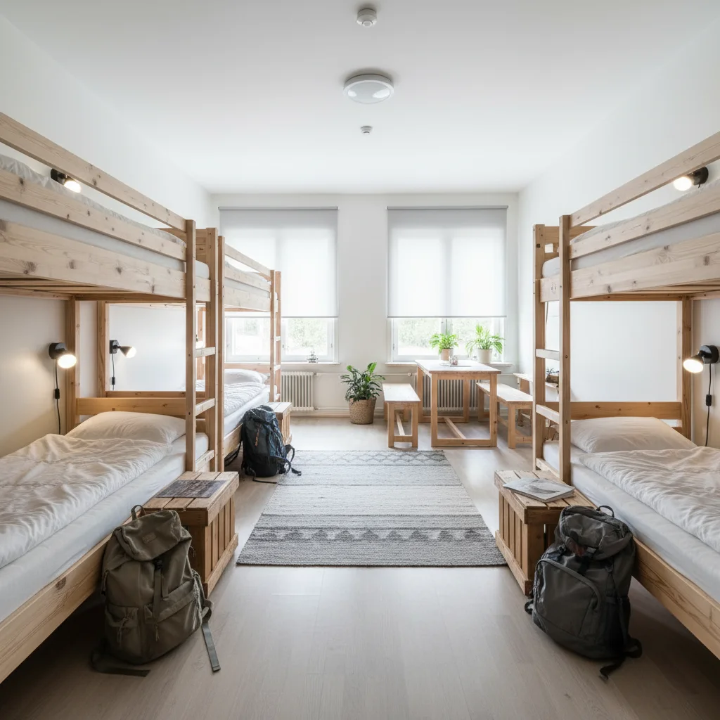 Sauberer Schlafsaal in einem finnischen Hostel mit Holzbetten