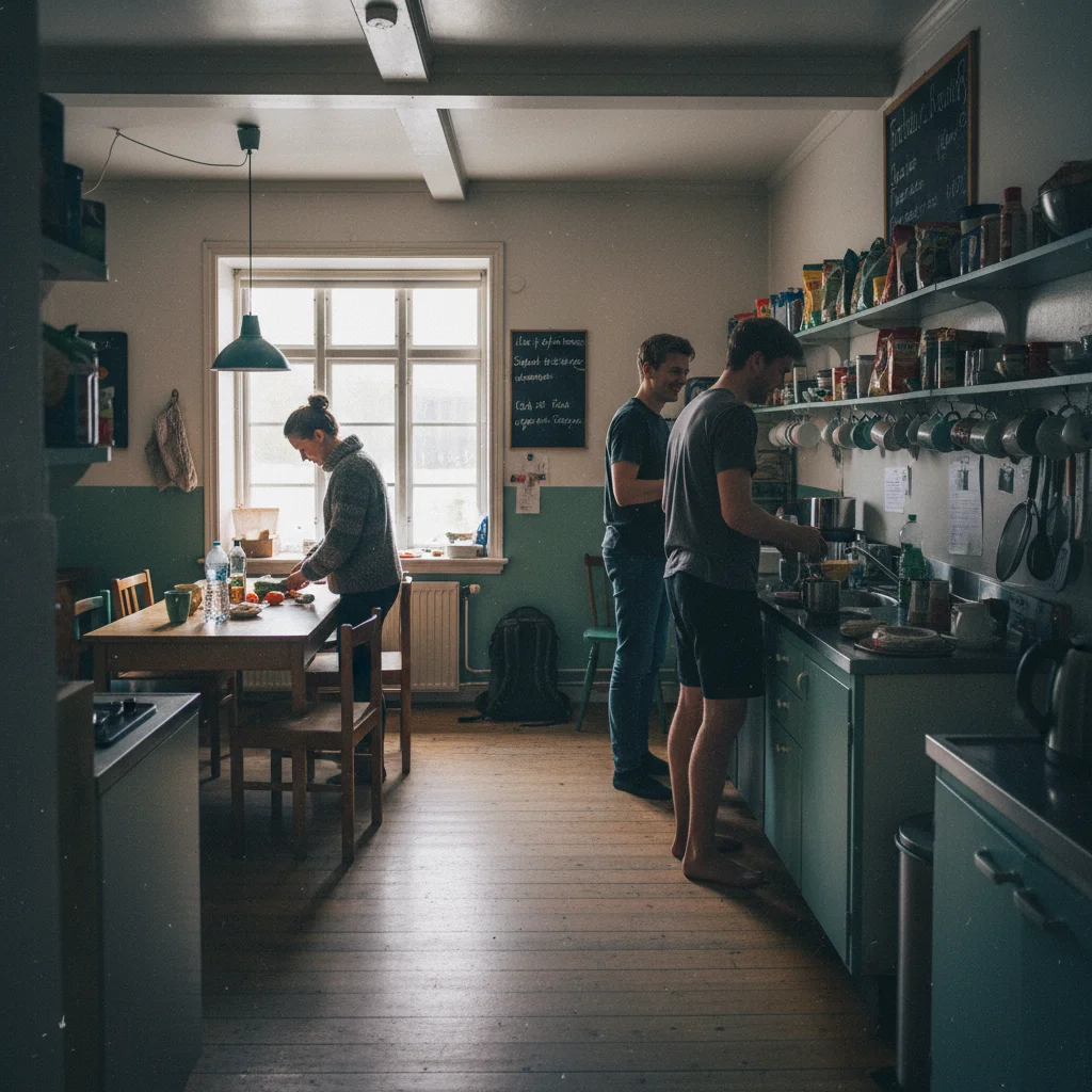 Gut ausgestattete Gemeinschaftsküche in einem norwegischen Hostel