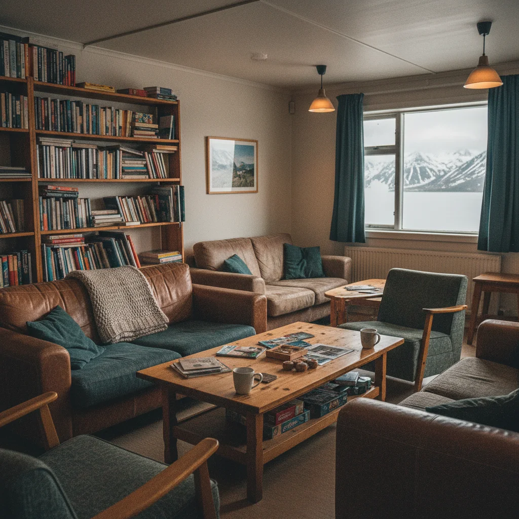 Gemütlicher Gemeinschaftsraum in einem isländischen Hostel mit Sofas und Bücherregal