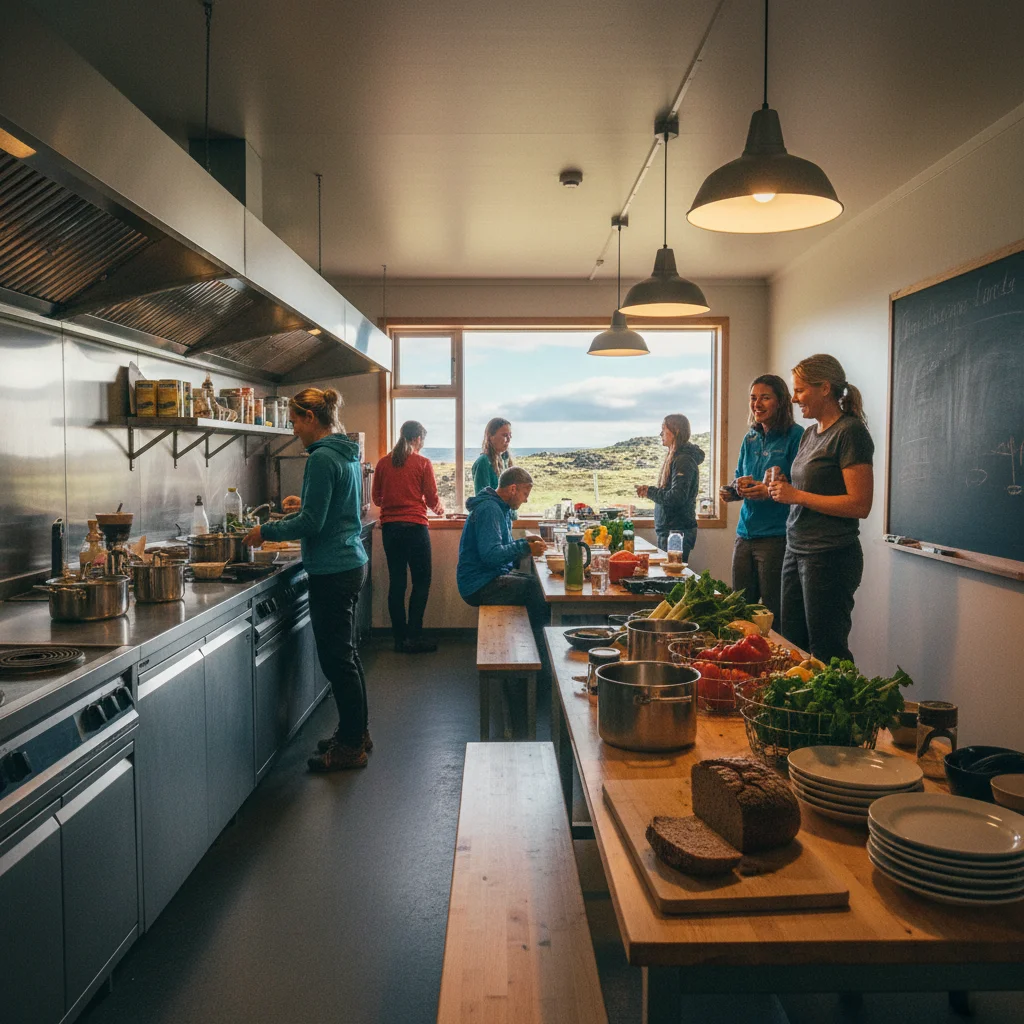 Gut ausgestattete Gemeinschaftsküche in einem isländischen Hostel
