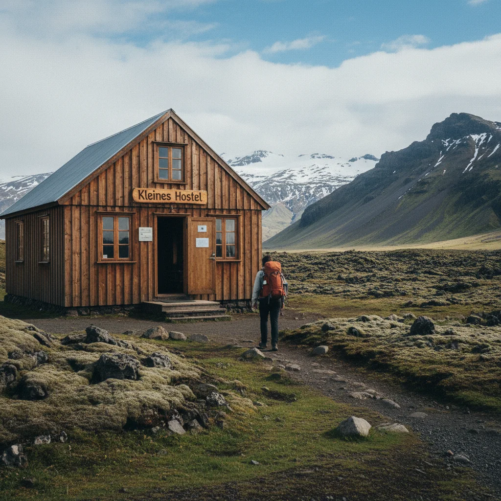 Kleines Hostel in ländlicher Umgebung Islands mit Bergen im Hintergrund