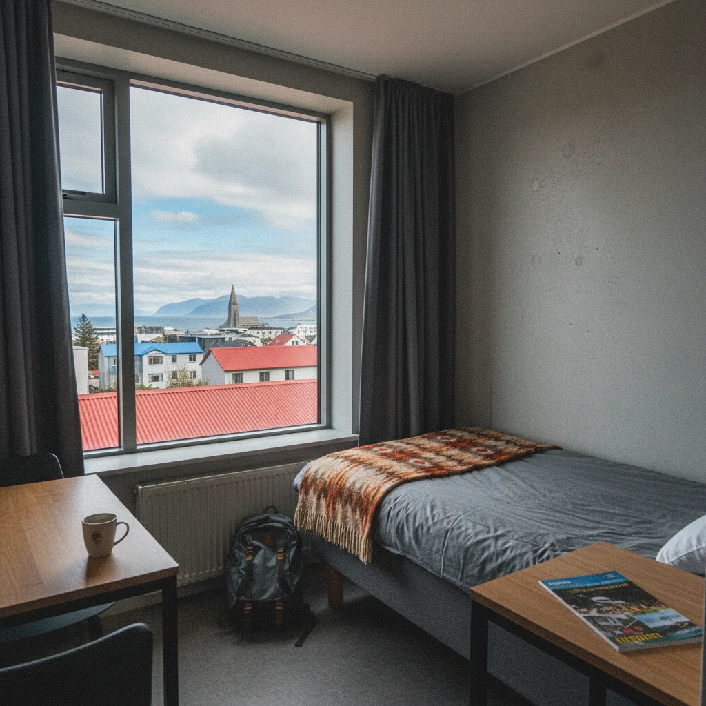 Modernes Hostel-Zimmer in Reykjavík mit Blick auf die Stadt