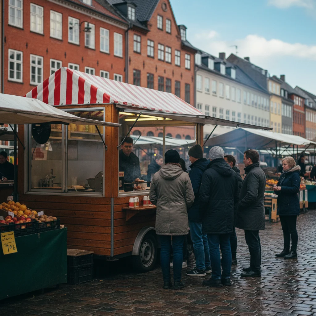 Traditioneller dänischer Pølsevogn auf einem Marktplatz