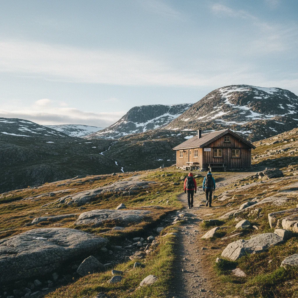 DNT-Wanderhütte in den norwegischen Bergen mit Wanderern auf dem Weg