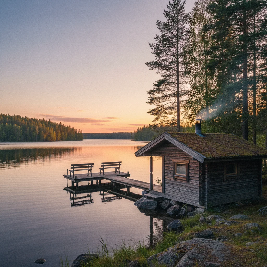 Finnische Mökki mit eigener Sauna am Seeufer im Abendlicht