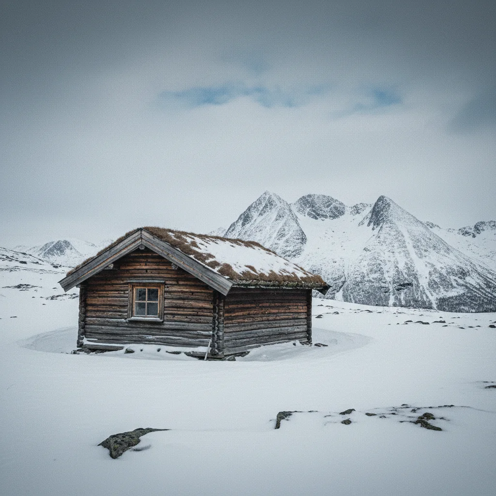 Norwegische Holzhütte in den Bergen oberhalb der Baumgrenze mit Schnee auf den Gipfeln