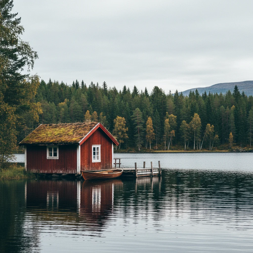 Rote Holzhütte an einem stillen See in Skandinavien mit Wald im Hintergrund