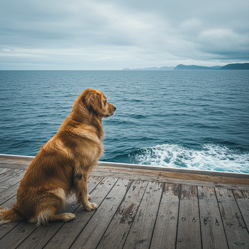 Hund auf dem Deck einer Fähre nach Norwegen mit Blick aufs Meer