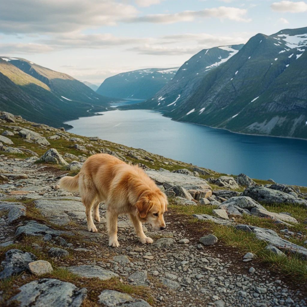 Hund wandert im norwegischen Fjell mit Bergen und Seen im Hintergrund