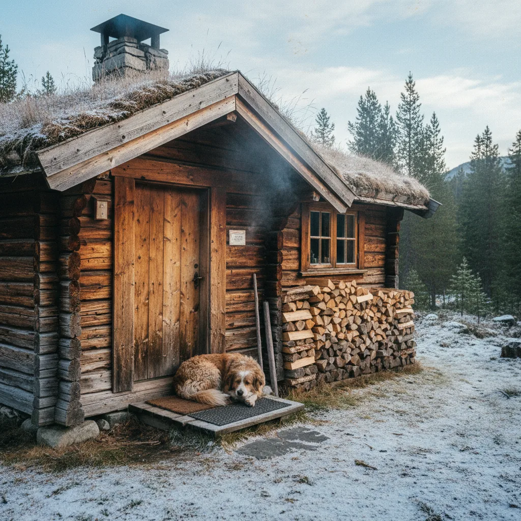 Gemütliche norwegische Holzhütte mit Hund vor der Tür