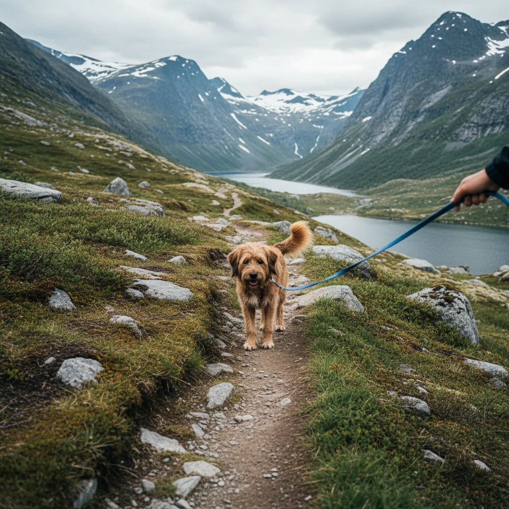 Angeleinter Hund auf einem norwegischen Wanderweg