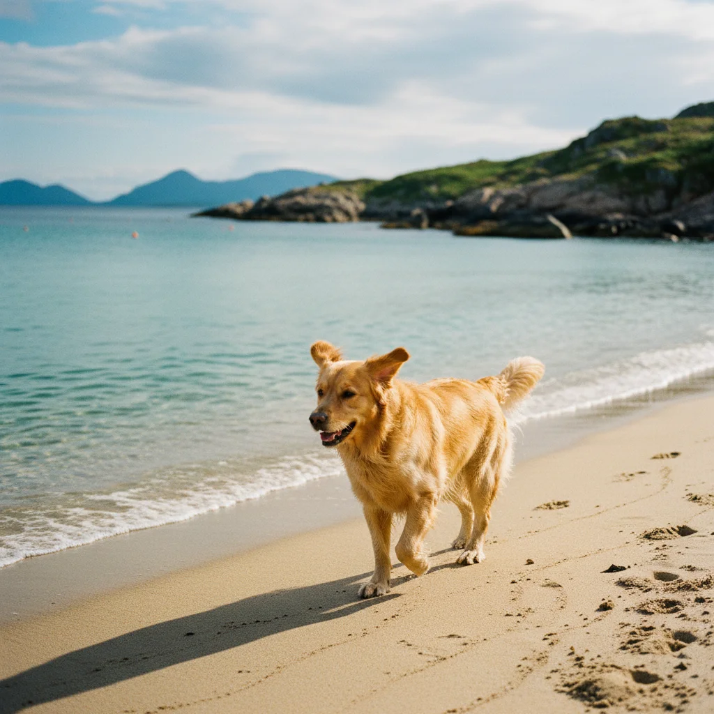 Hund am Strand in Norwegen mit türkisblauem Wasser